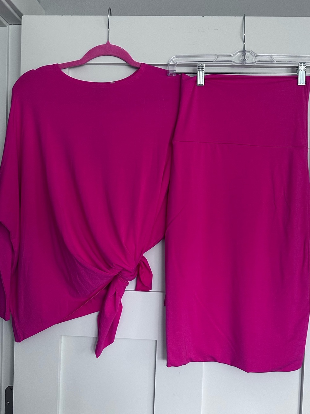 Bright Fuchsia Tie-Front Top and Pencil Skirt Set - Women Skirt